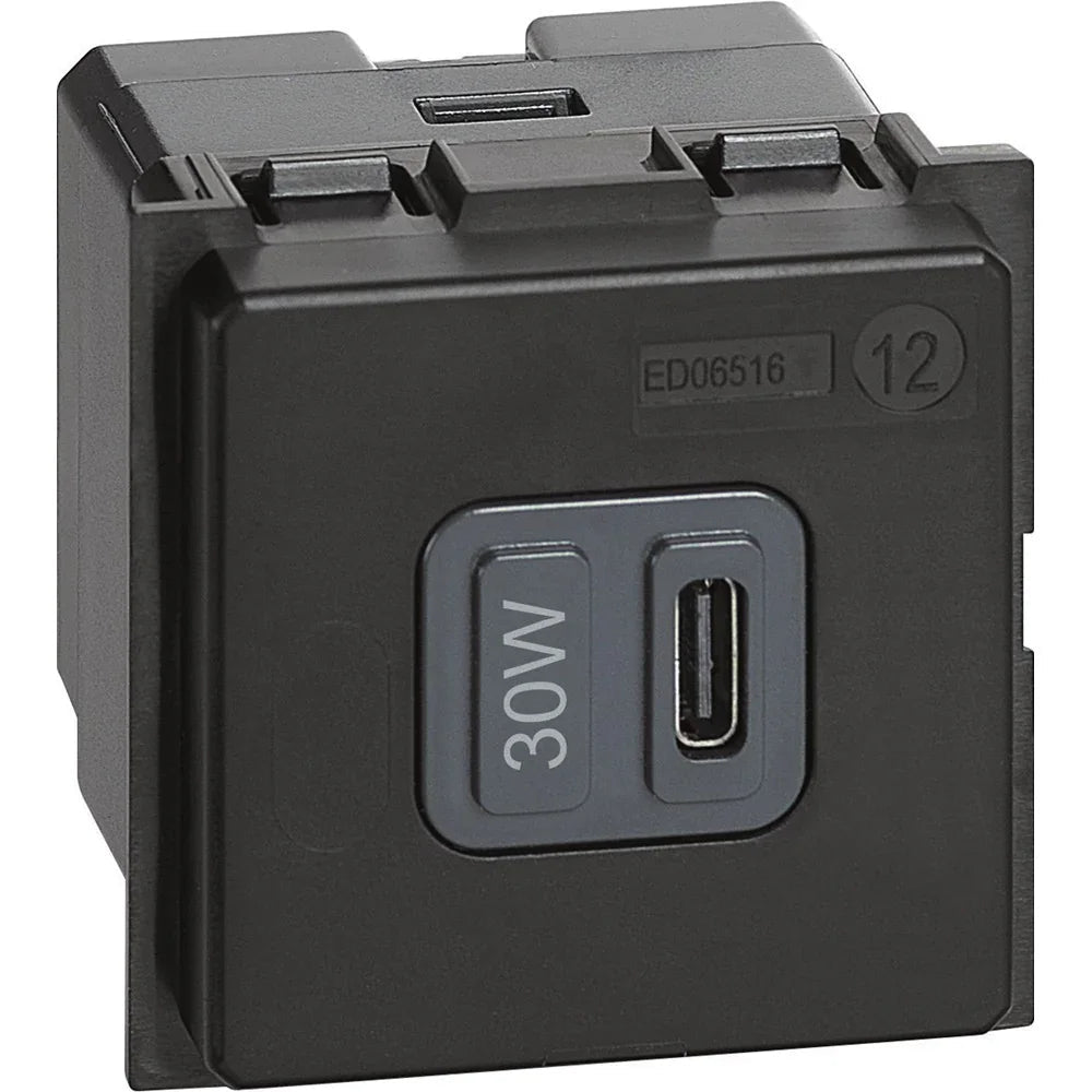 Caricatore USB Tipo C BTicino Living Now K4288C2, Ricarica Rapida 30W, Multi-Tensione 5-20V