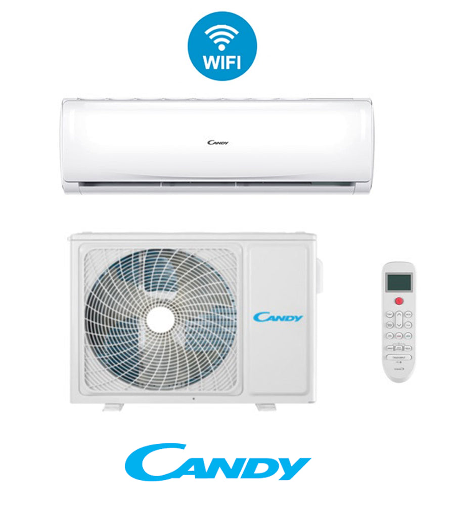 Candy 9000 BTU split air conditioner with Wi-Fi, remote control, and outdoor unit, designed for optimal comfort.