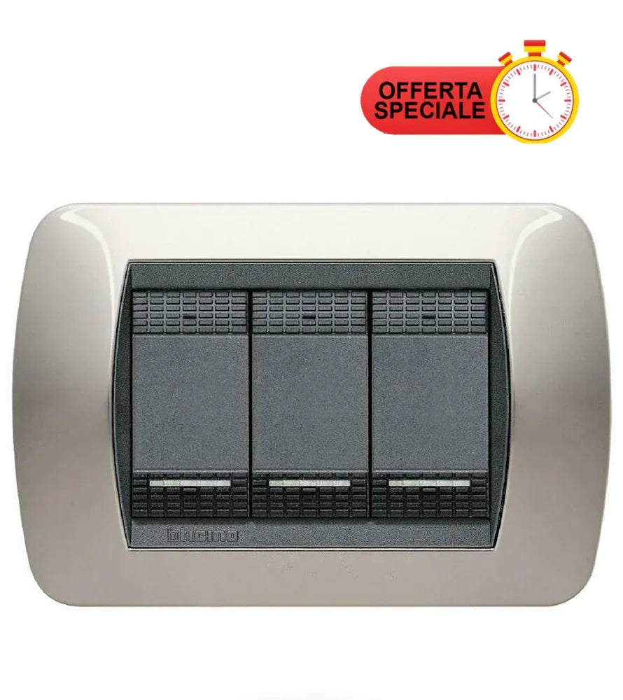 BTicino Living Placca 3 Moduli L4802NN Nichel Nero - Design Elegante e Resistente in Metallo