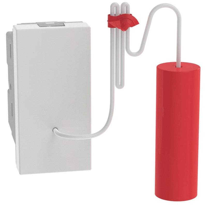 Pulsante a tirante Bticino MatixGO 1P NO/NC 10A bianco, con modulo e meccanismo rosso.