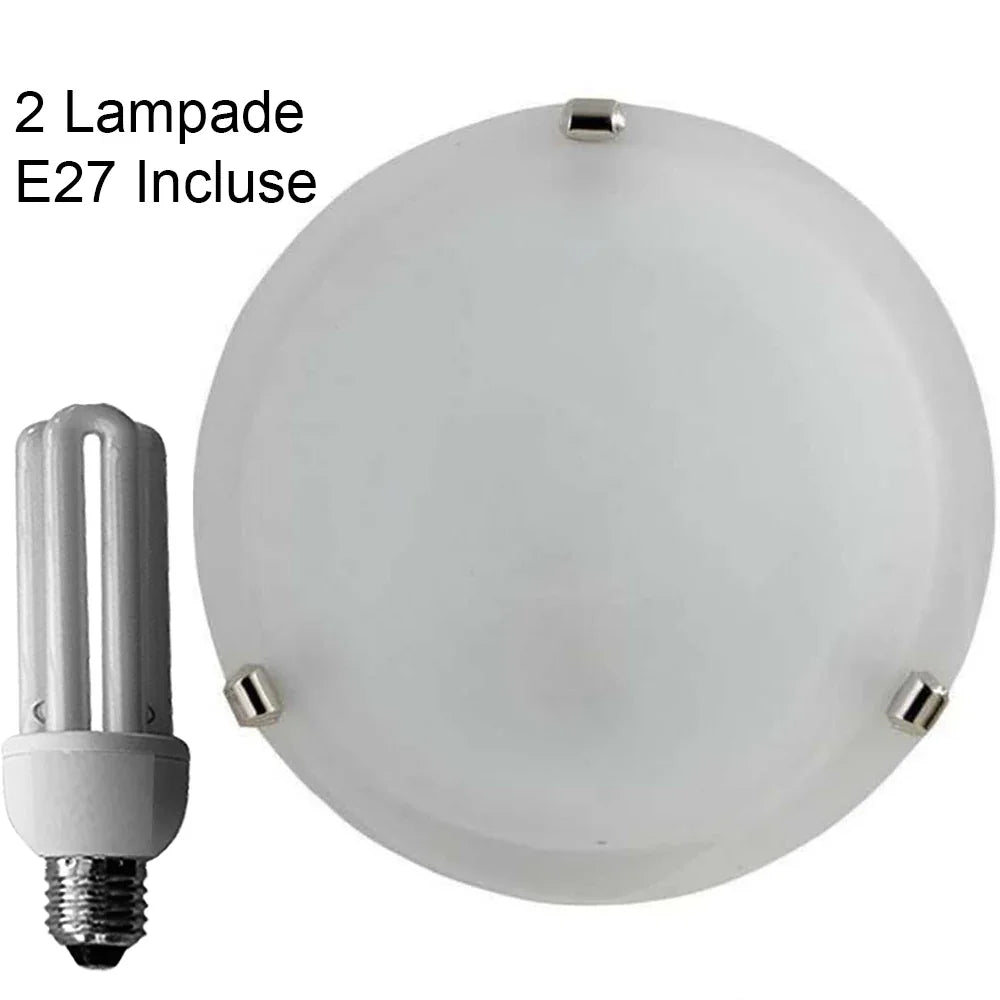 Plafoniera Alabastro Bianco Ø 40 cm - Ganci Cromati, 2x E27, 2 Lampadine Risparmio Energetico 15W 6500K