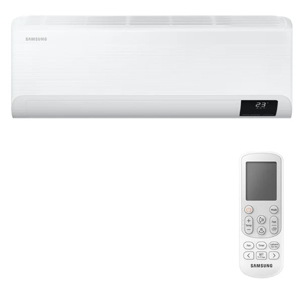 Samsung Dual Split Inverter air conditioner with remote control, efficient cooling, Wi-Fi enabled, A+++ energy class.