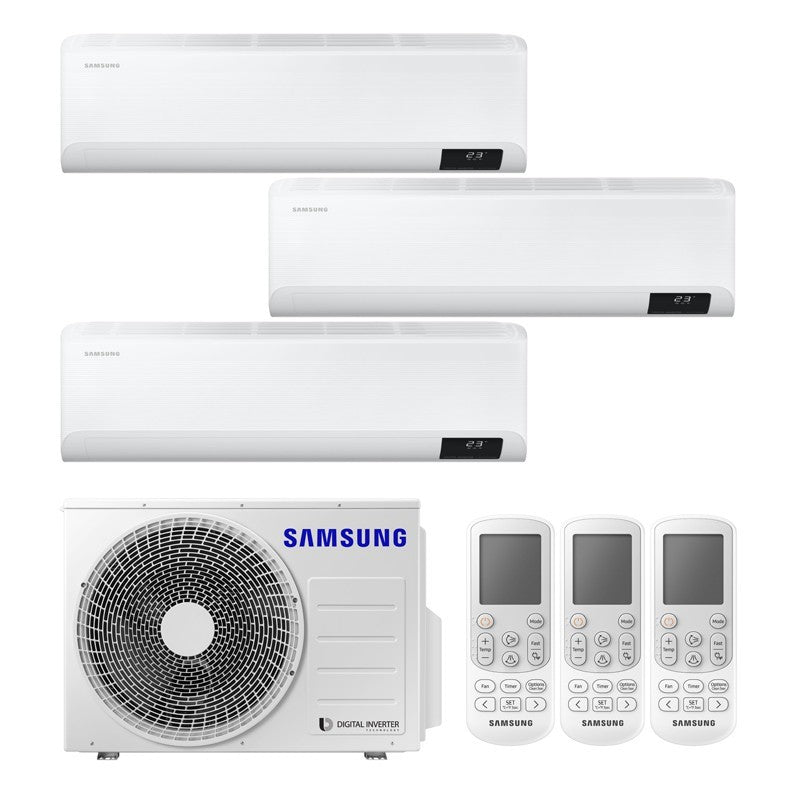 Samsung Trial Split Inverter AC with one outdoor unit and three indoor units, including remote controls, energy efficient design.