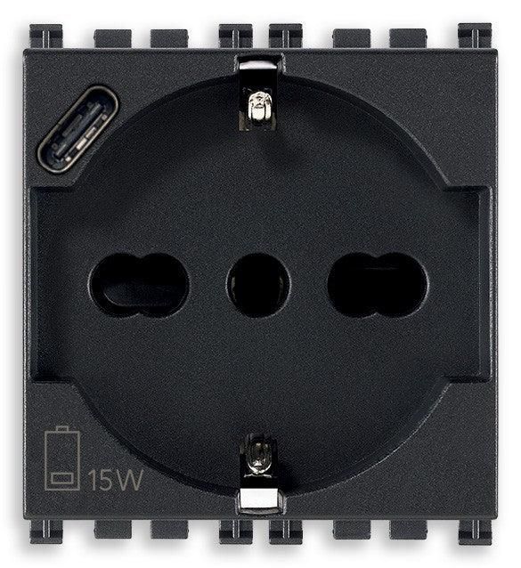 Presa VIMAR 2P+T 16A Universale + USB C Grigio, Modello 19210.USB - Ricarica Sicura e Efficiente