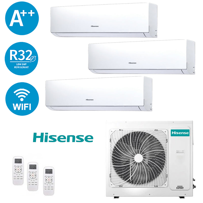 Hisense Trial Inverter air conditioner with three indoor units, outdoor unit, Wi-Fi, A++ energy class, R32 refrigerant.
