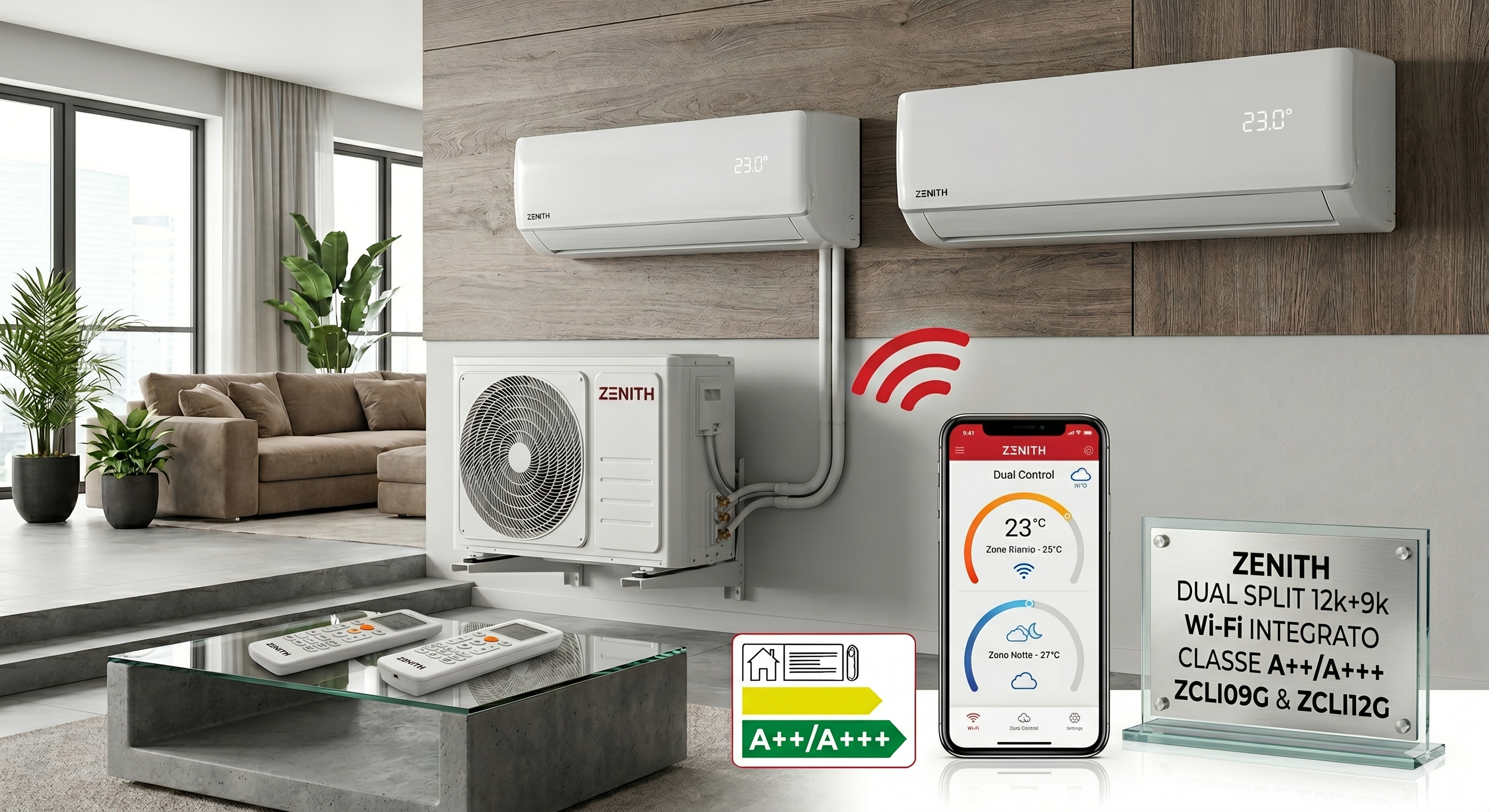 Climatizzatore Dual Split Zenith 9000+12000 BTU (9+12) Inverter Pompa di Calore 4,2kW Wi-Fi Integrato Classe A++/A+++