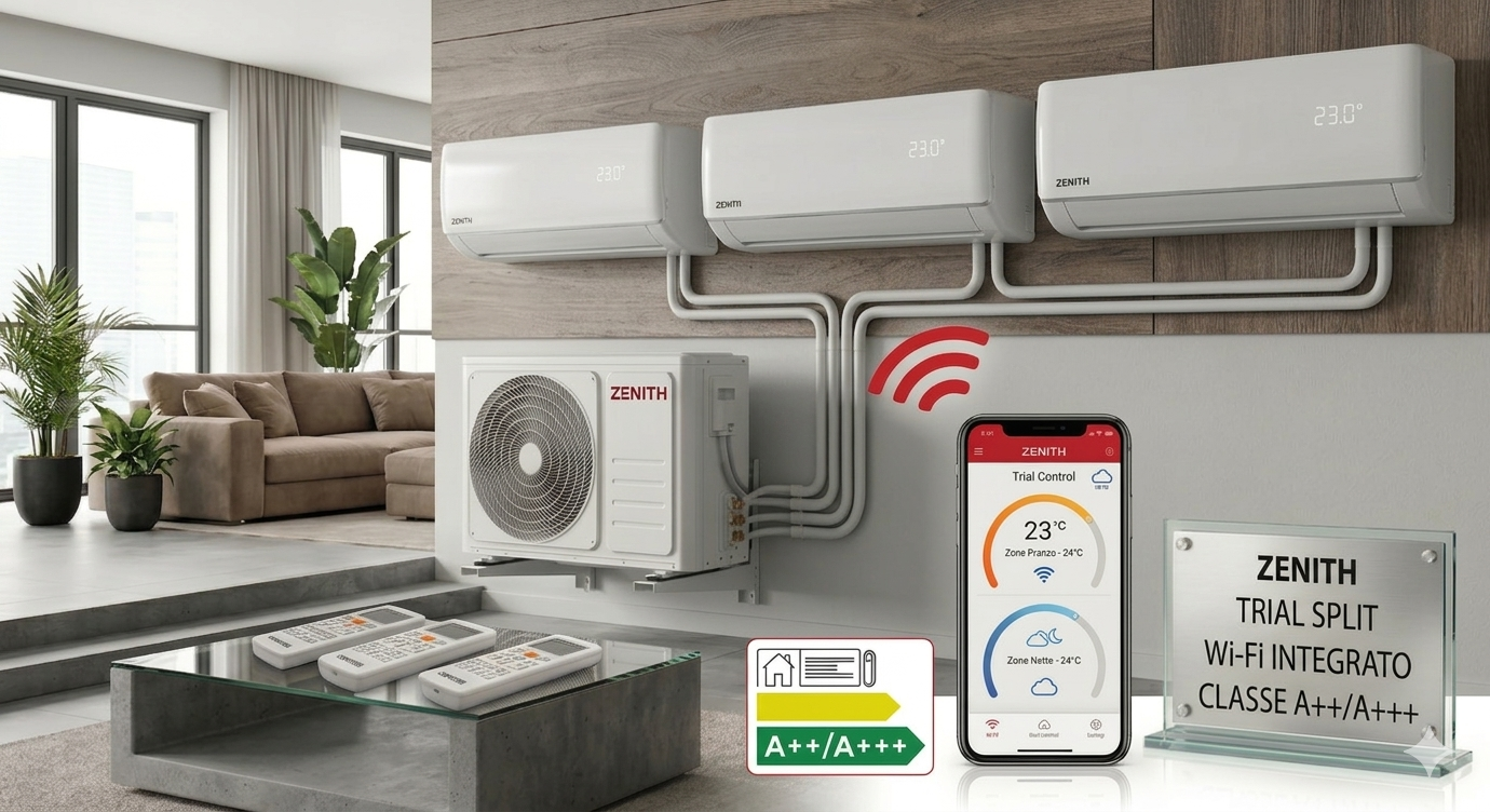 Climatizzatore Trial Split Zenith 9000+12000+12000 BTU (9+12+12) Inverter Pompa di Calore 5,2kW Wi-Fi Integrato Classe A++/A+++
