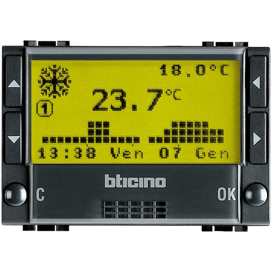 Cronotermostato Bticino Livinglight L4451 antracite con display digitale per gestione temperatura e programmazione.