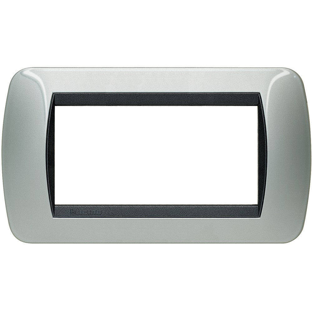 Living Int. Placca 4 posti alluminio L4804AL by BTicino, 4 module frame, 80mm height, 140mm width, part of Livinglight series.