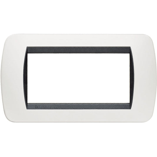 Living Int. Placca 4 posti bianca con cornice nera, design elegante, serie Livinglight, materiale tecnopolimero, BTicino.