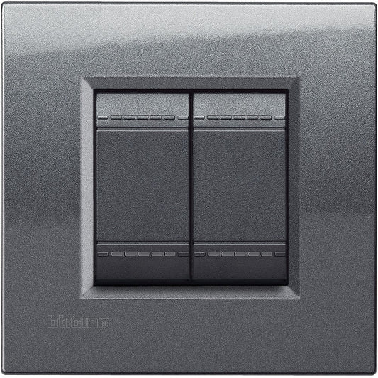 BTicino Living Light 2-module square plate in steel, model LNA4802AC, dimensions 86mm x 88mm, stylish electrical switch.