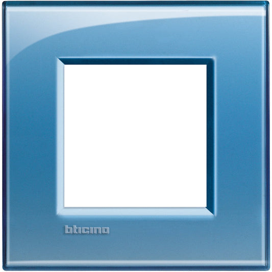 Living Light Placca quadra 2P Azzurro deep by BTicino, 2-module technopolymer frame, 86mm height, 88mm width.