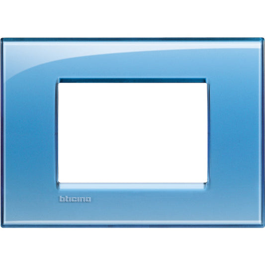 Living Light Placca 3P Azzurro Deep by BTicino, quadra switch plate for 3 modules, techno polymer construction.