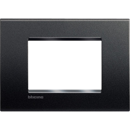 Living Light Placca 3P Antracite by BTicino, square 3-module frame, technopolymer, dimensions 86mm x 120mm.