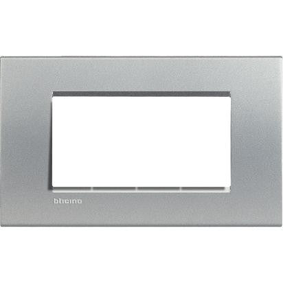 Living Light Placca 4P Tech LNA4804TE in silver, 4-module frame by BTicino, made from technopolymer, dimensions 86mm x 142mm.