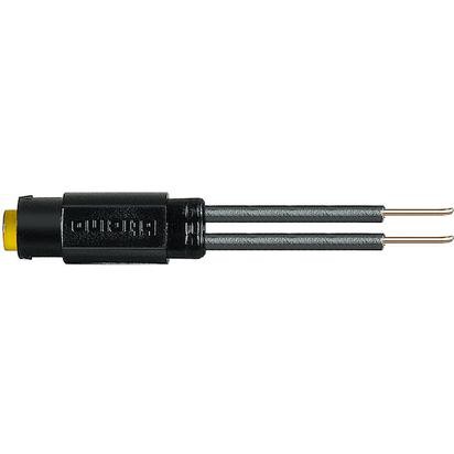 Conector eléctrico de dos pines con carcasa negra y contacto amarillo para lámparas LED.