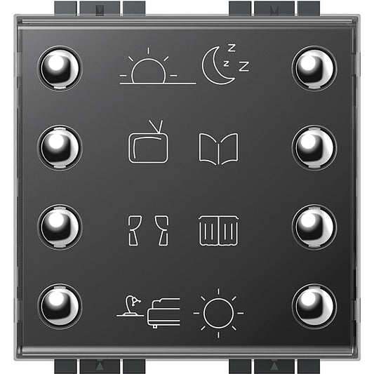Comando 8 tasti Axolute per gestione luci e automazione in hotel, design moderno, compatto, 2 moduli.