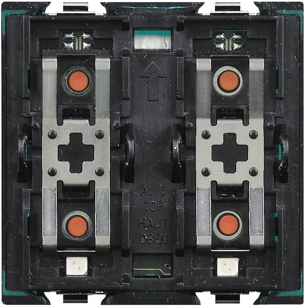 Living Light bus actuator with 2 internal relays, 4 buttons, and 3 bicolor LEDs for managing roller shutters.