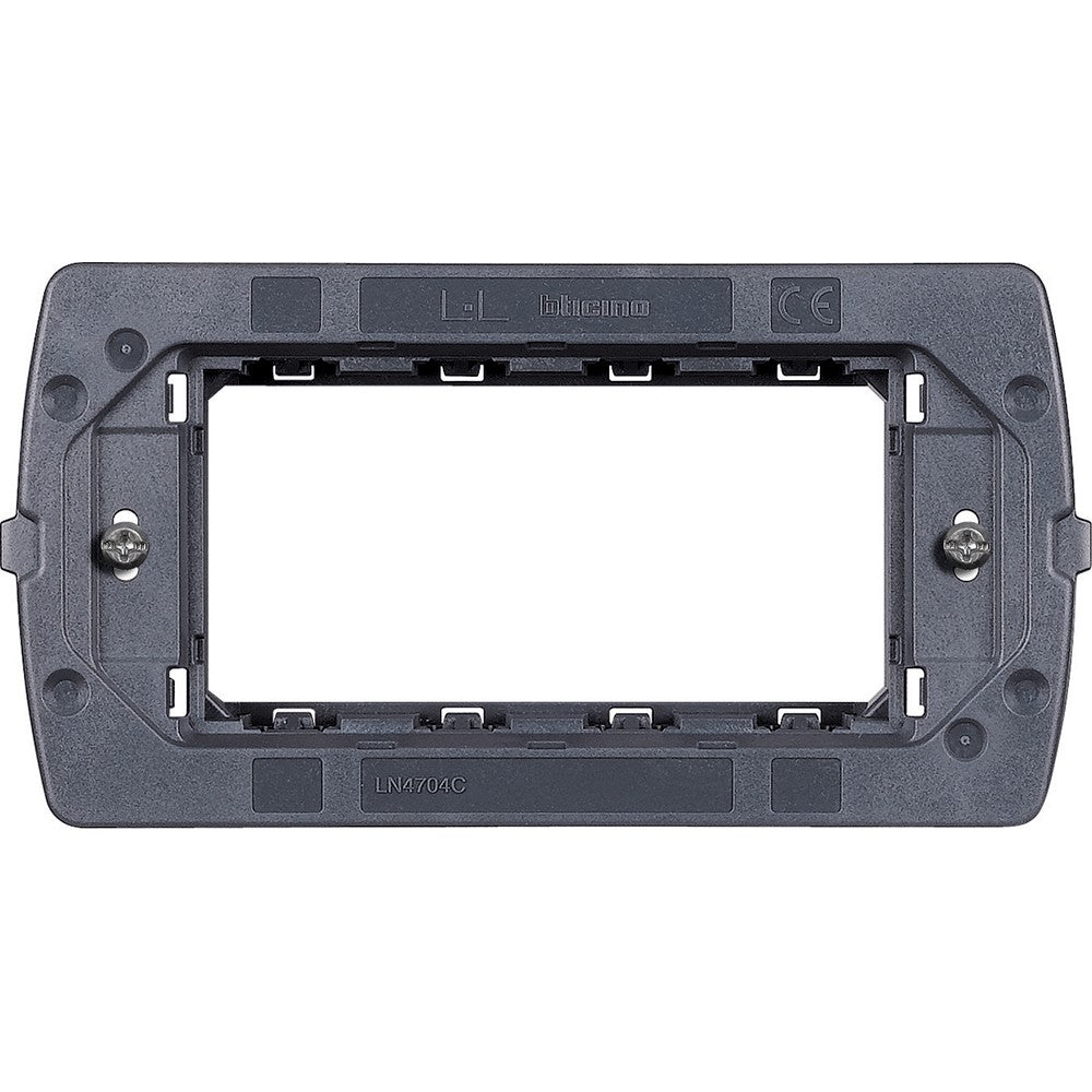 Bticino 4-module support bracket for Livinglight Air series, compatible with various boxes, height 73mm, width 141mm.