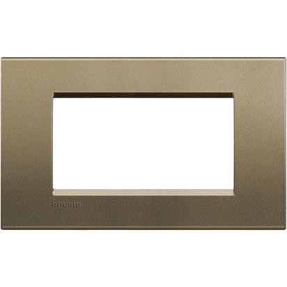 Living Light Placca quadra 4P metal frame, BTicino brand, dimensions 86mm x 142mm, ideal for stylish electrical installations.