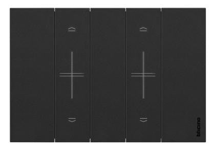 BTicino K4027C Living Now smart roller shutter control panel in black, featuring adjustable buttons.