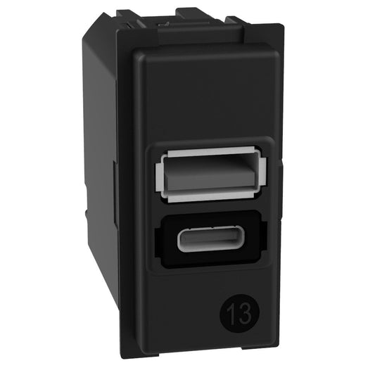 Caricatore USB Bticino Living Now con porta tipo A e tipo C, design elegante per ricarica e alimentazione.