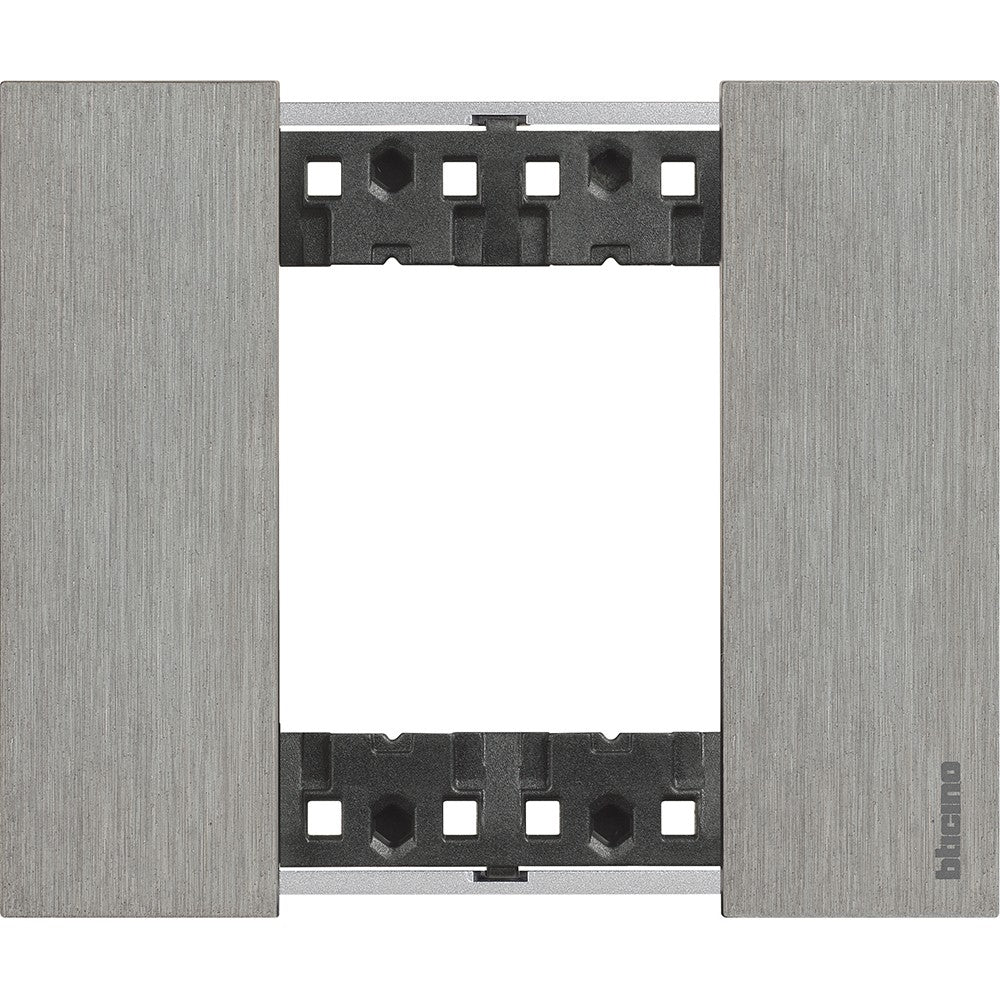 Placca BTicino Living Now in steel, 2 modules, 86mm height, 102.5mm width, durable zama material.