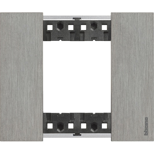 Placca BTicino Living Now in steel, 2 modules, 86mm height, 102.5mm width, durable zama material.