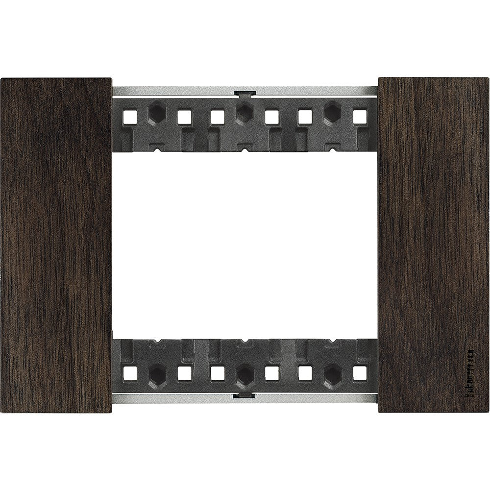 Bticino Living Now 3-module switch plate in walnut wood, 86mm height and 125mm width, stylish and modern design.