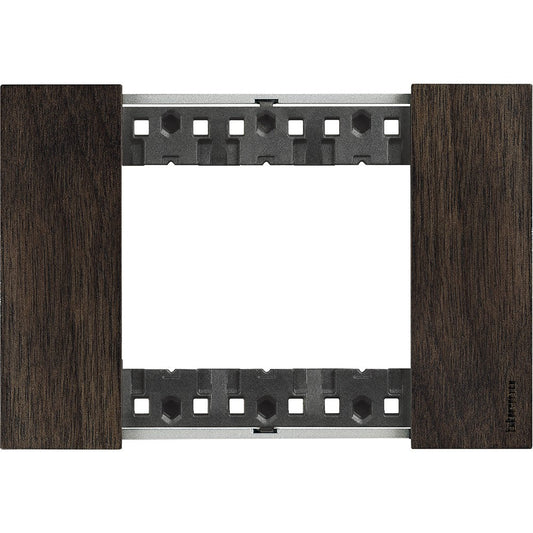 Bticino Living Now 3-module switch plate in walnut wood, 86mm height and 125mm width, stylish and modern design.