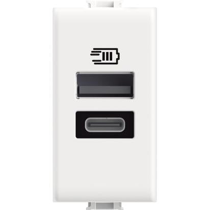 Caricatore USB con una porta Tipo A e una porta Tipo C, design compatto della serie Matix.