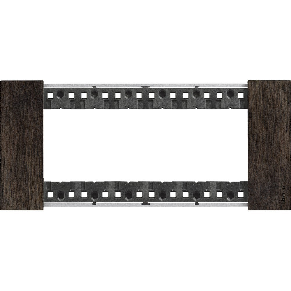 BTicino Living Now wooden socket cover with 6 modules in walnut, 86mm height, 192.5mm width.