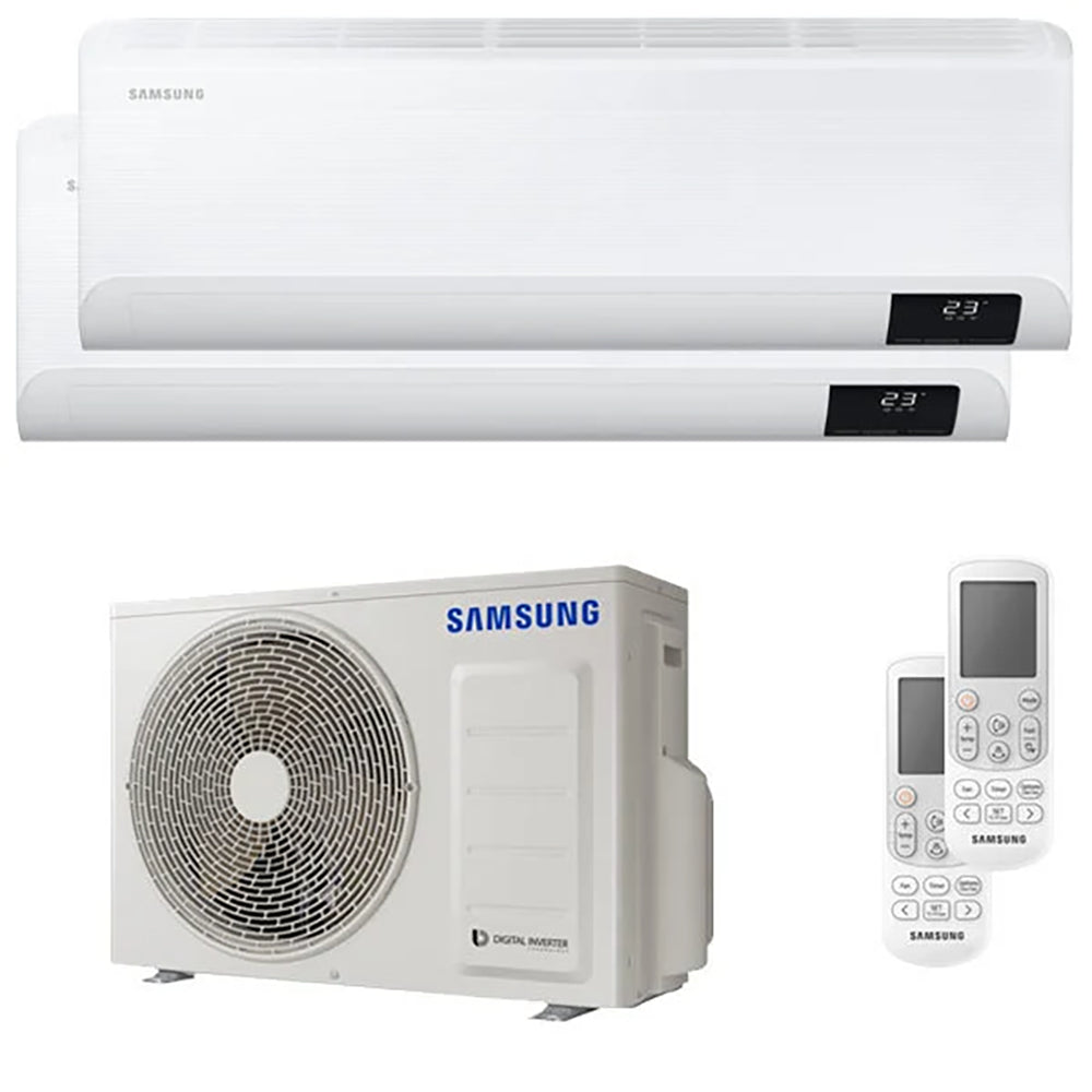 Samsung Dual Split Inverter Air Conditioner CEBU 9000BTU with two indoor units and remote controls.