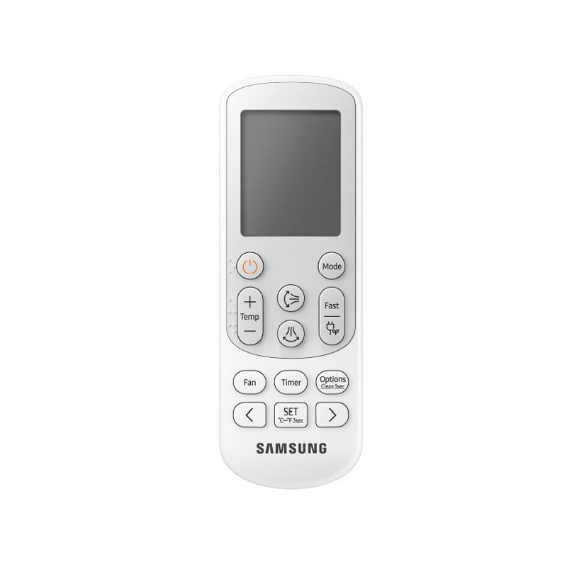 Samsung air conditioner remote control with display and buttons for temperature, mode, and timer settings.
