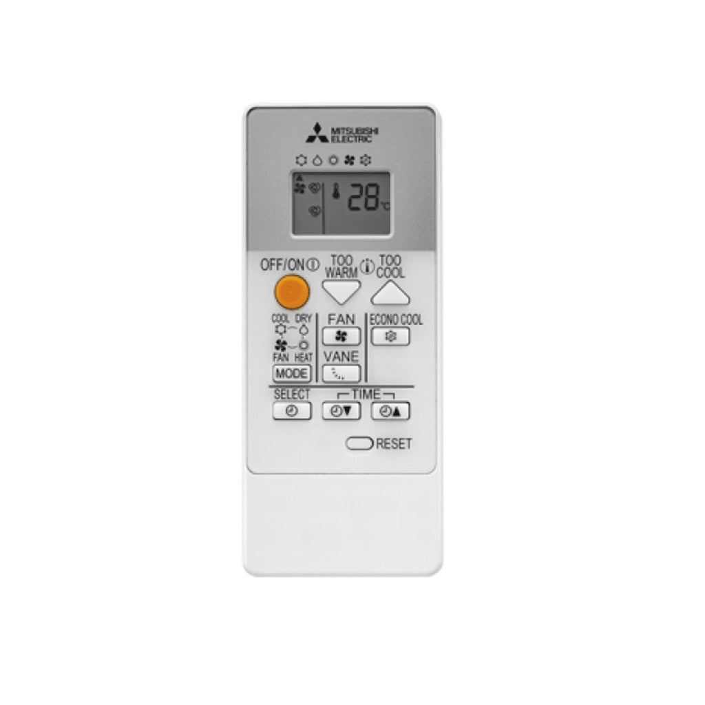 Telecomando Mitsubishi per climatizzatore con display e controlli per temperatura e modalità di funzionamento.