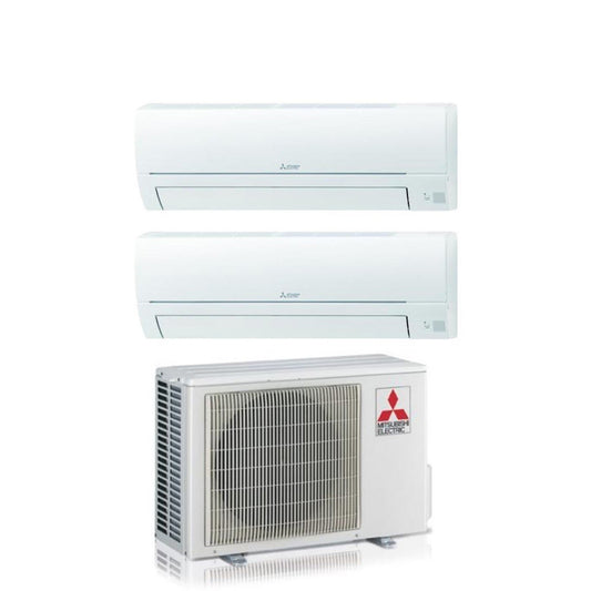 Mitsubishi dual split air conditioner unit with two indoor units and one outdoor unit.