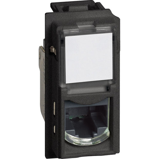 Connettore RJ45 toolless IDC categoria 5E UTP, design nero per trasmissione dati e telefonia.