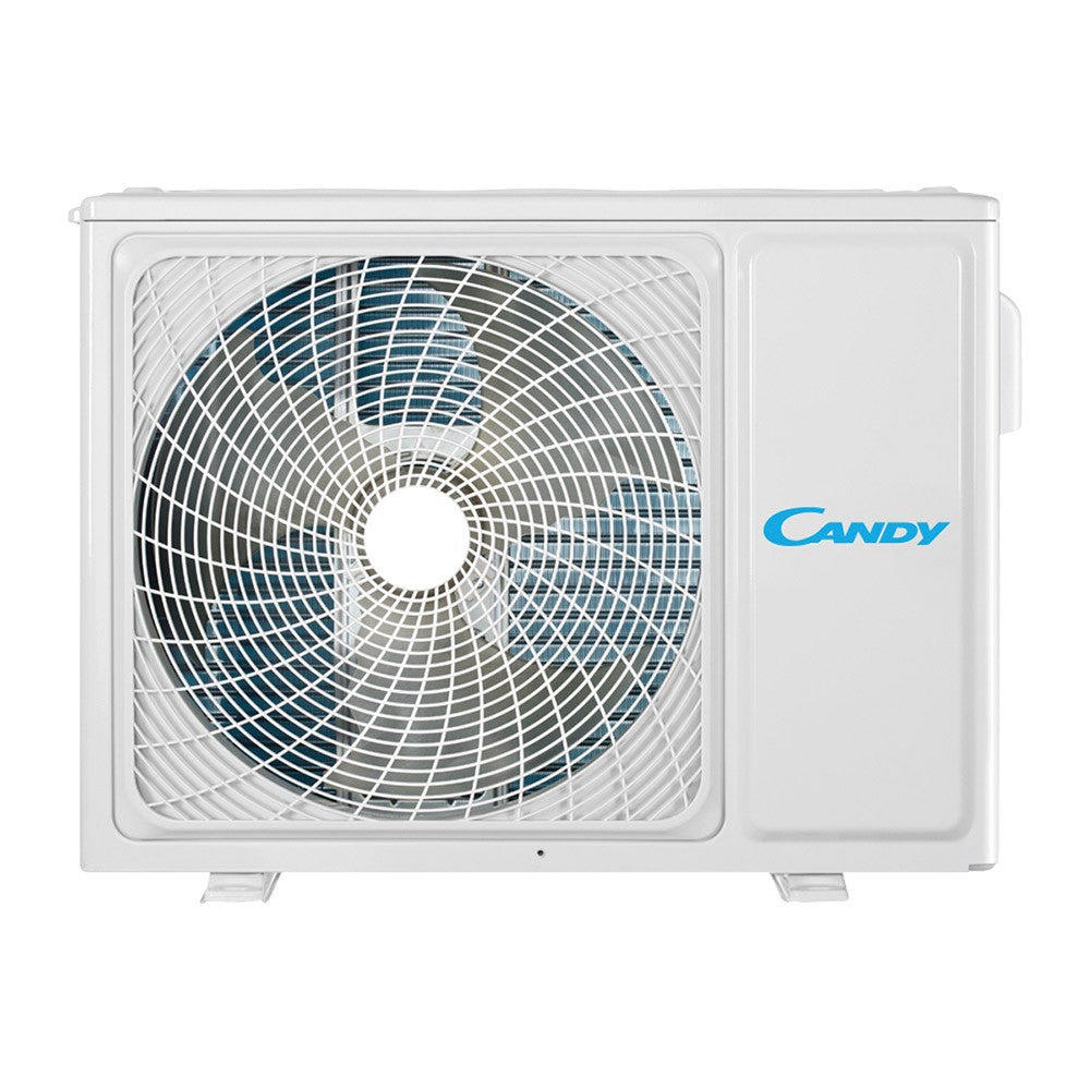 Condizionatore esterno Candy Pura, climatizzatore bianco da 9000 BTU con ventola e design moderno.