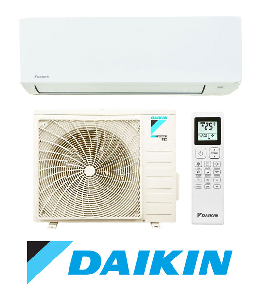 Daikin 12000 BTU split air conditioner unit with remote control, featuring energy class A++.
