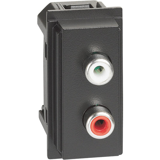 Modulo doppio RCA Bticino Living Now in nero, con connettori audio rosso e bianco, design elegante e funzionale.