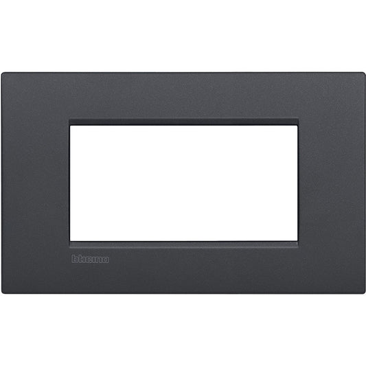 Living Light Placca 4P Antracite LNC4804AR by BTicino, metal frame, 4-module design, height 86mm, width 142mm.