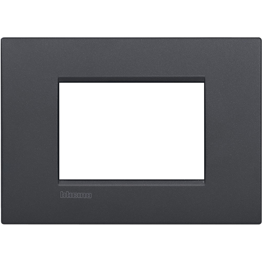 Living Light Placca AIR 3 modules in antracite, metal finish by BTicino, 86mm height and 120mm width.