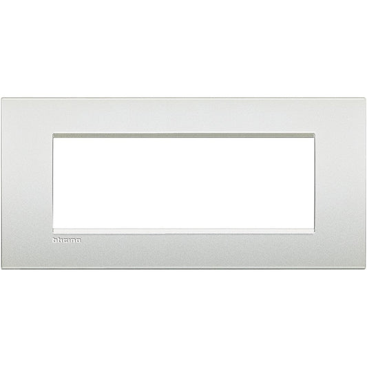 BTicino Living Light Placca 7P Bianco Perla, 7 module metal plate, 86mm height, 208mm width.