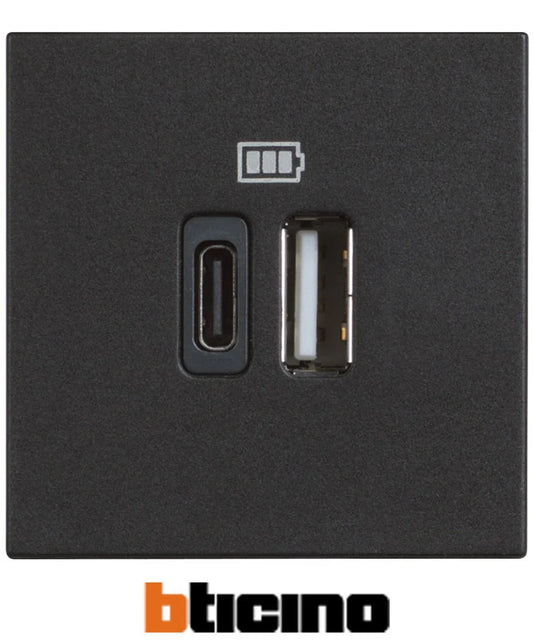 BTicino Caricatore USB Tipo A e C 2 Moduli Grigio – Design Elegante e Versatile 110-230V