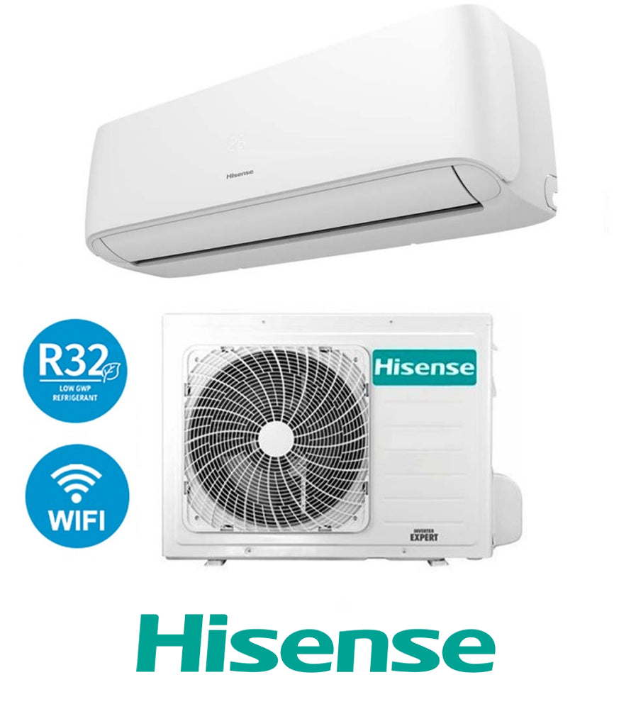 Hisense HI Comfort 12000 BTU air conditioner with R32 refrigerant and integrated WiFi, featuring indoor and outdoor units.