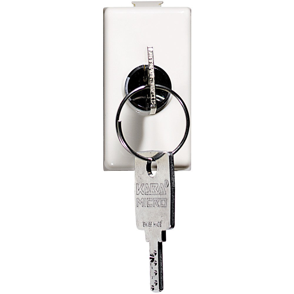 Bticino Matix 2P key switch in white with key attached, suitable for 10A and 250Vac applications.
