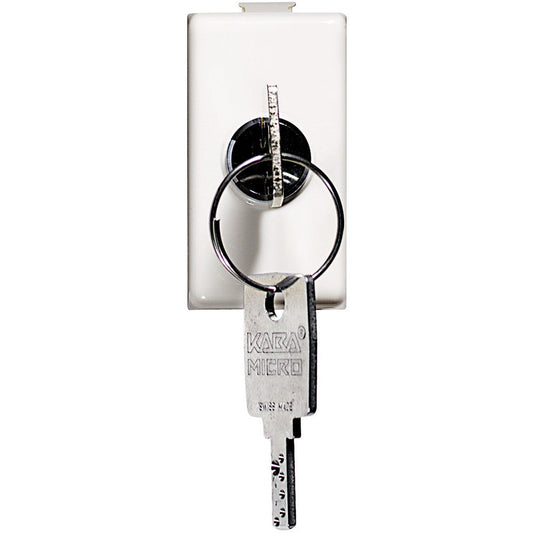 Bticino Matix 2P key switch in white with key attached, suitable for 10A and 250Vac applications.