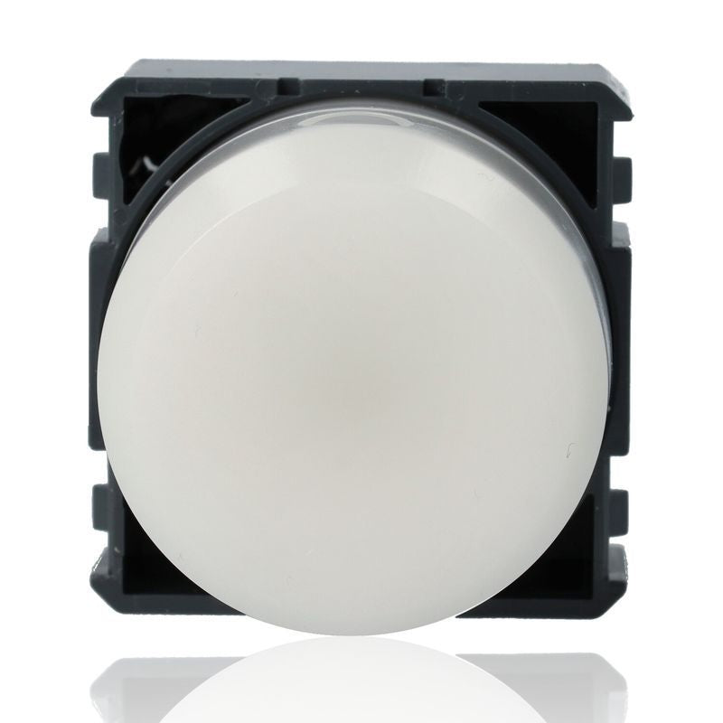 Push button switch with a white circular top and black base, ideal for various electronic applications.