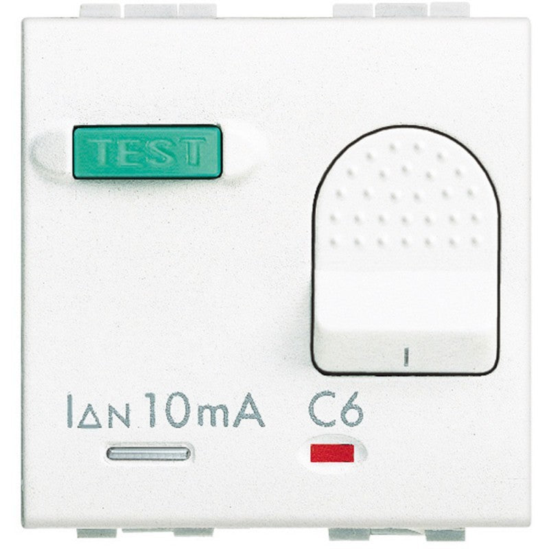 Bticino Livinglight automatico salvavita 6A 1P+N 10mA magnetotermico con pulsante test e spia rossa.