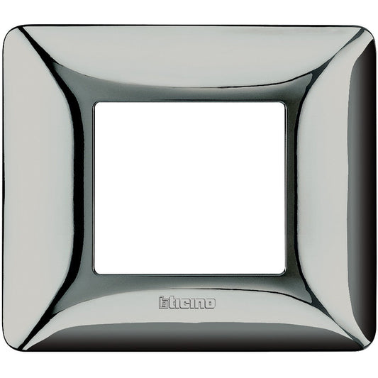 BTicino Matix 2-module chrome glossy wall plate, technopolymer material, dimensions 84mm x 96.2mm.